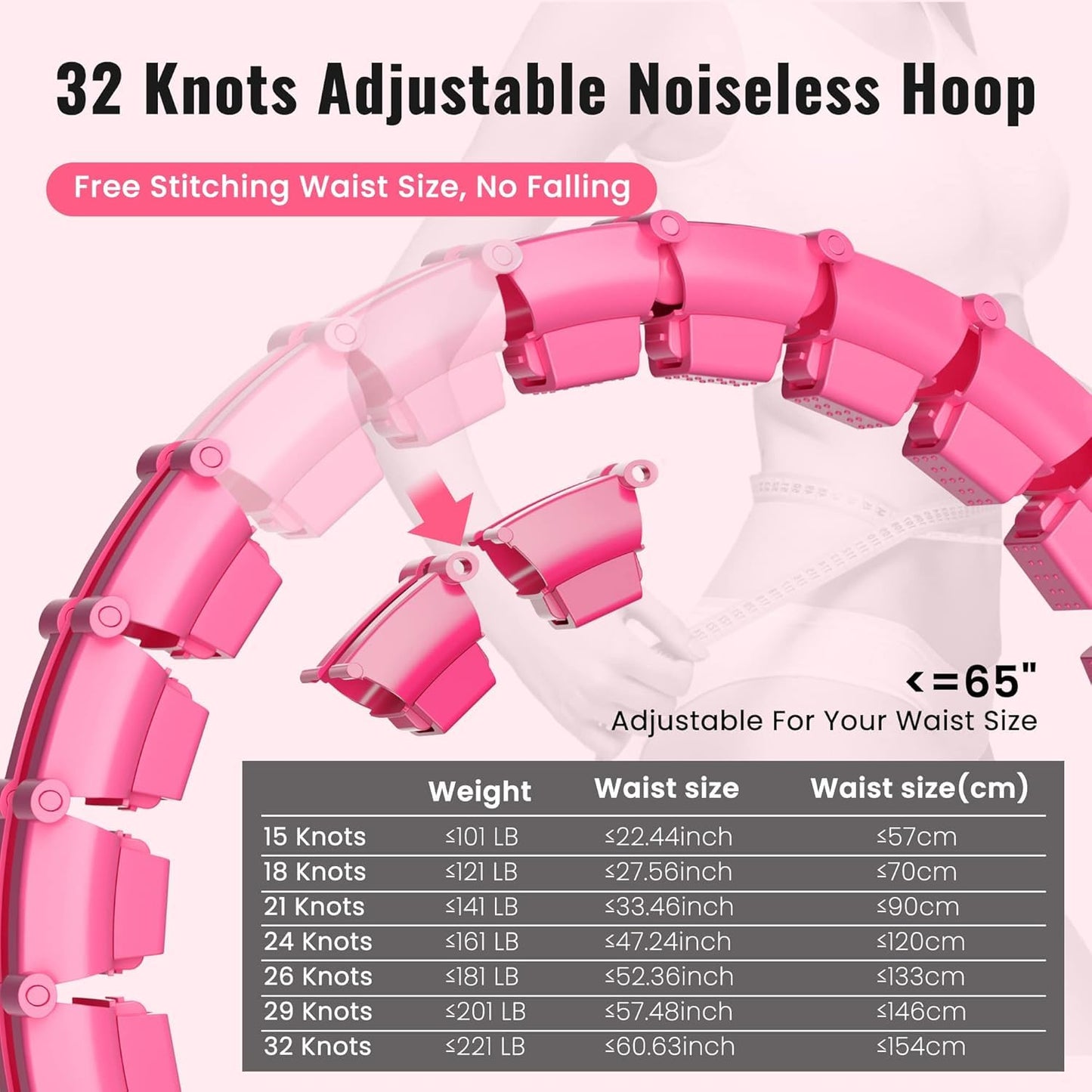 GKYET Quiet Hula Circle Hoops,65 inch 32 Knots Plus Size Hula Infinity Fitness Detachable Hoops. Exercise Hoop Suitable for Beginners - Red