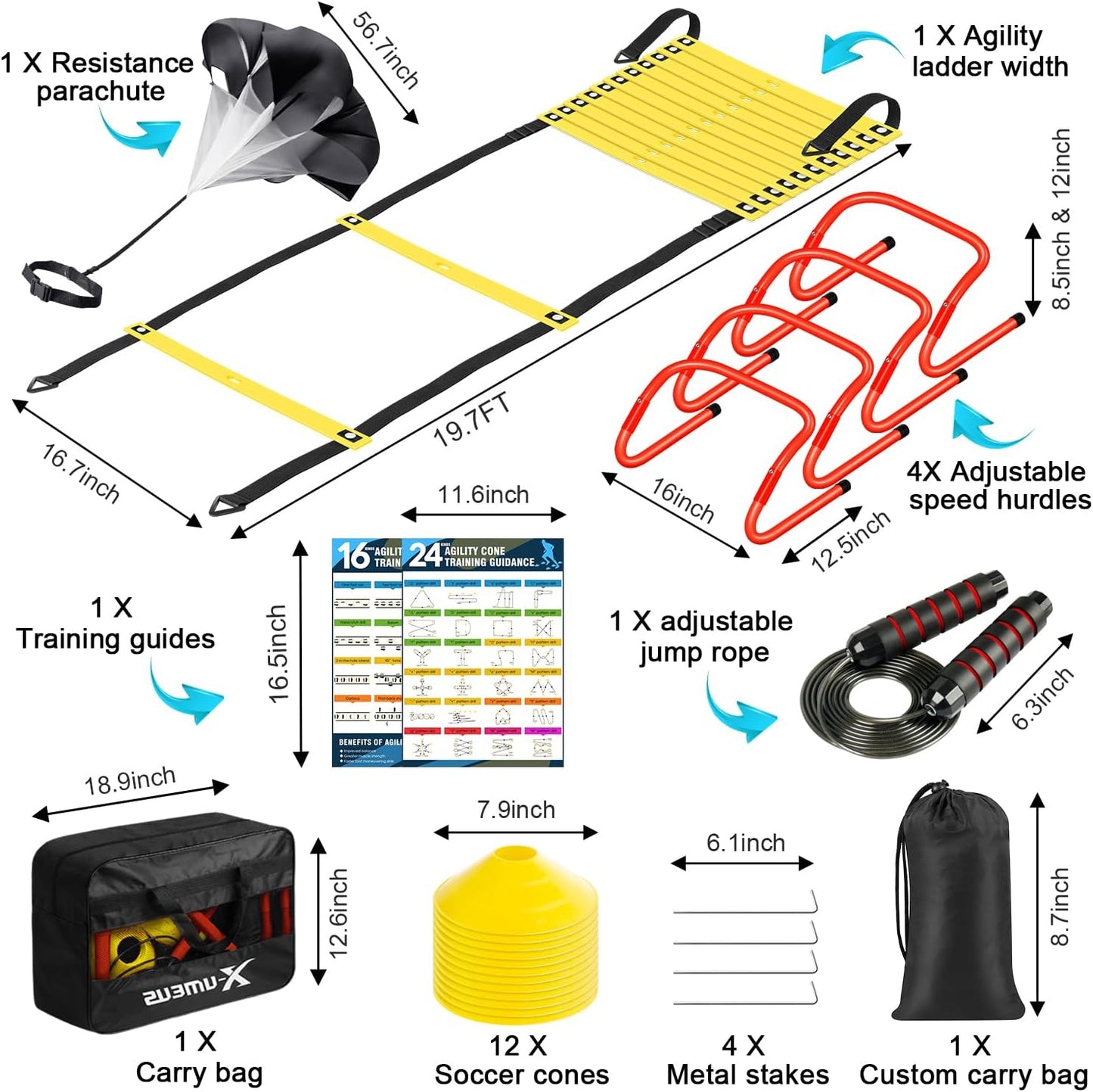 Agility Ladder Speed Training Set - 20ft Ladder, 12 Cones, 4 Hurdles, Jump Rope & Parachute | Ideal for Kids & Adults Soccer, Basketball, Football Training