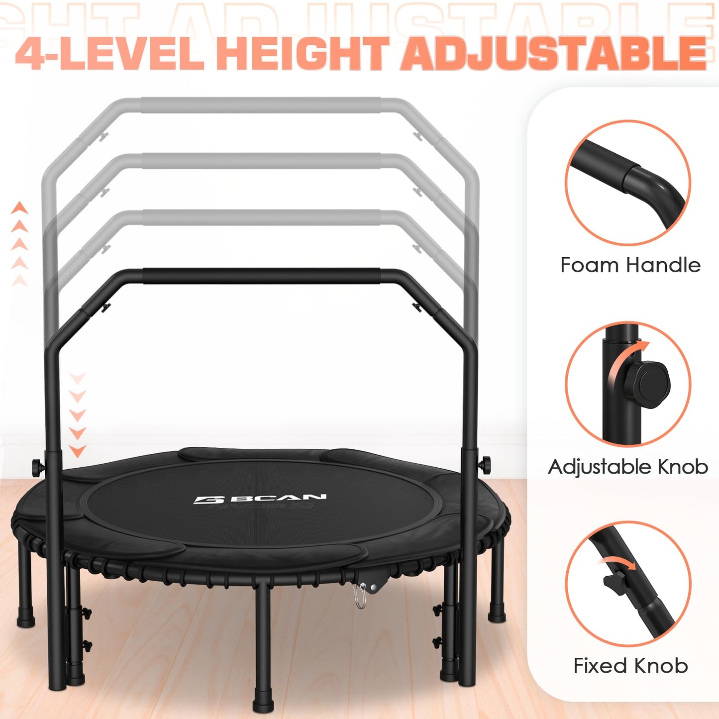 BCAN 550 LBS Foldable Mini Trampoline, 48" Fitness Trampoline with Adjustable Handle Bar, Bungees, Stable & Quiet Exercise Rebounder for Kids Adults Indoor/Garden Workout - Black