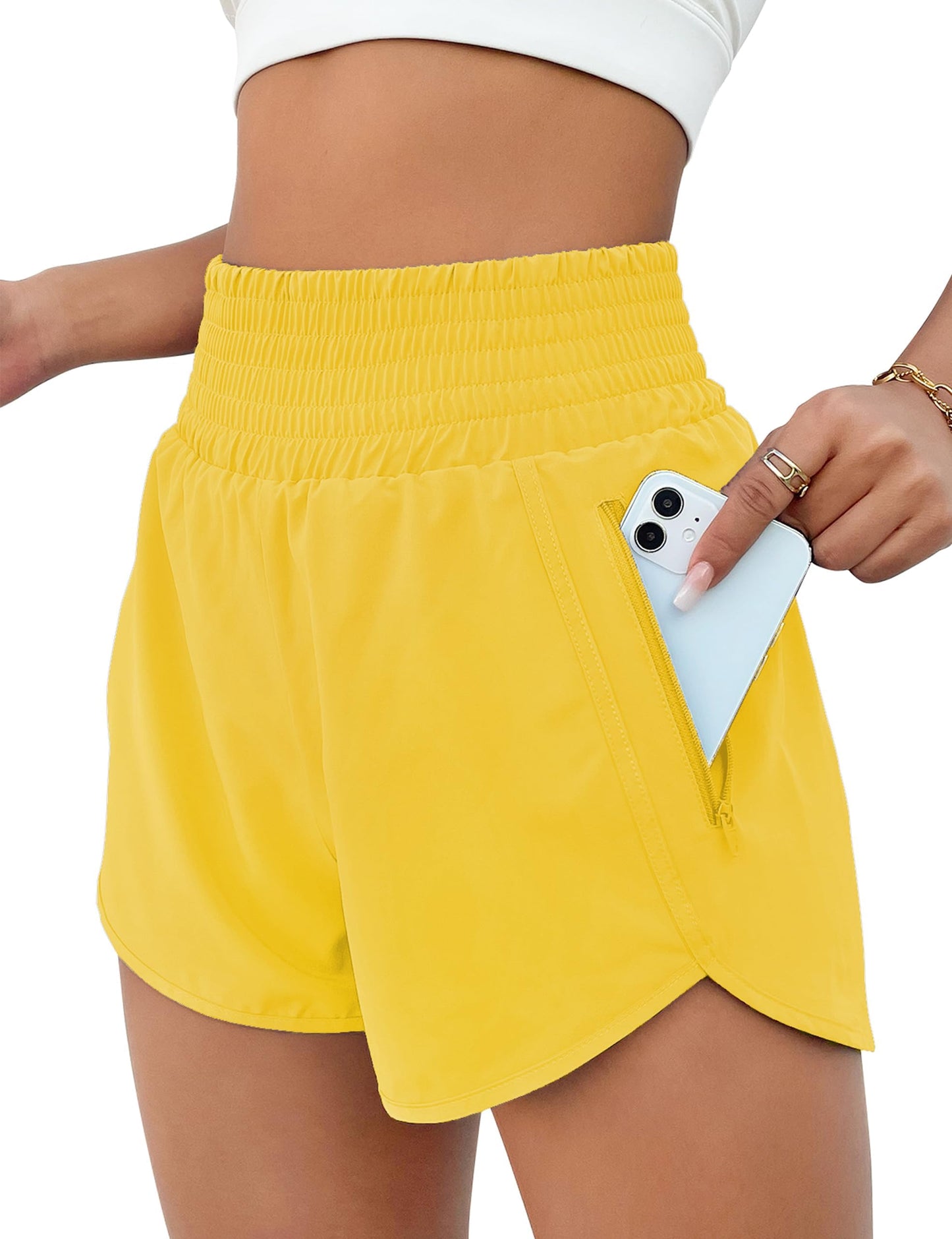 BMJL Women's Athletic Shorts High Waisted Running Short Pocket 2.5" Sporty Shorts Gym Elastic Workout Shorts(M,Bright Yellow)