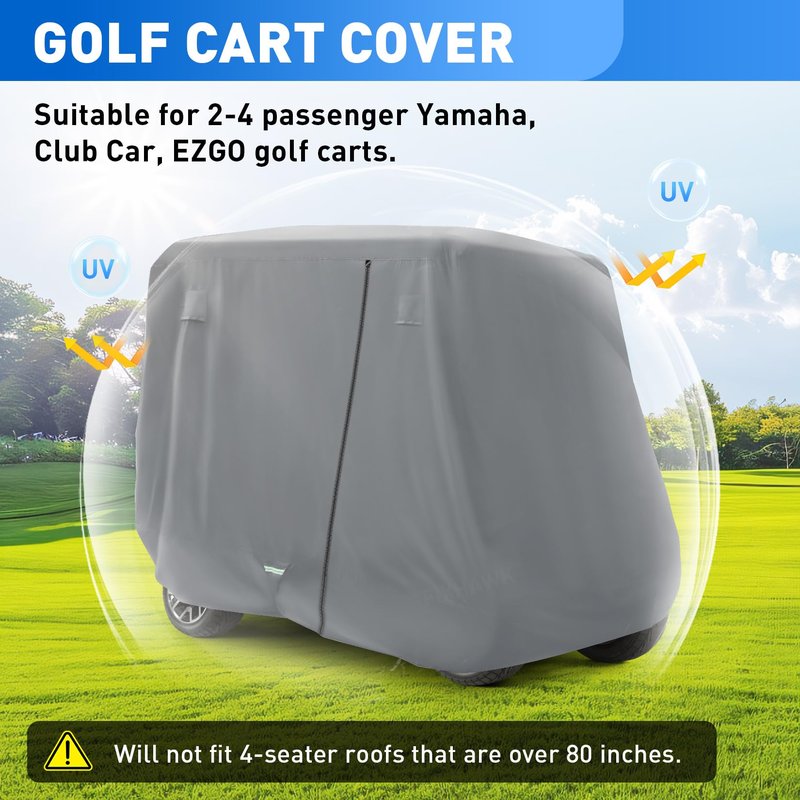 FIXHAWK 2/4 Passenger Golf Cart Cover for Club Car, EZGO,Yamaha Model, 420D PU Oxford Fabrics Waterproof Golf Cart Covers All-Weather Protection Full Cover 3-Zipper (Gray)