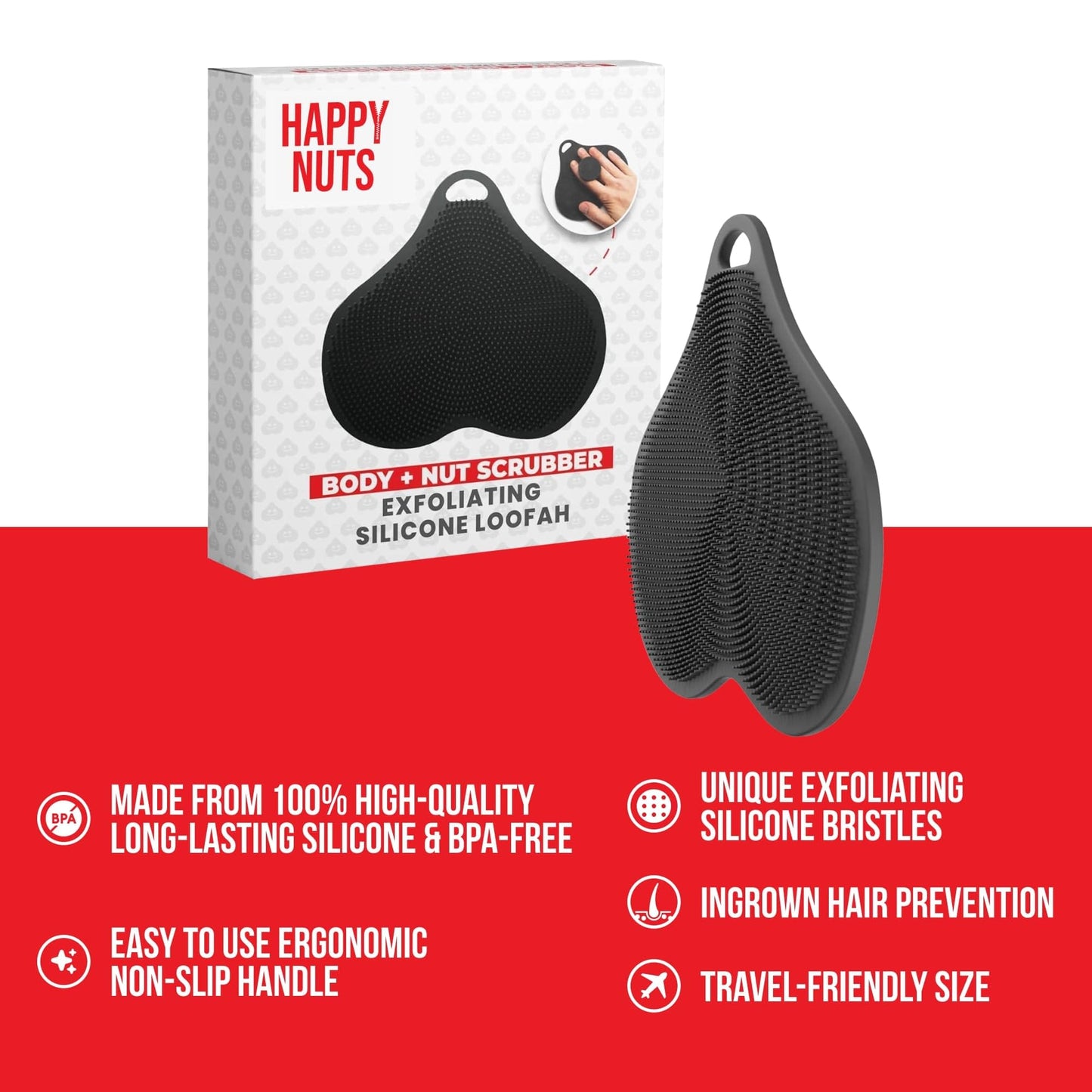 HAPPY NUTS Silicone Body Scrubber, Exfoliating Body Scrubber for Sensitive Skin, Sustainable Shower Scrubber for Body, Silicone Body Brush for Showering (1 Pack, Scrubber)
