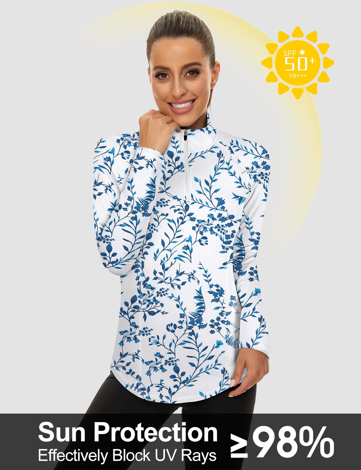 LURANEE Womens UPF 50+ Long Sleeve 1/4 Zip Pullover Athletic Hiking Running Workout Tops Blue Leaf L