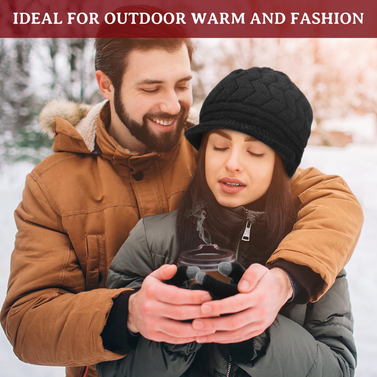 SATINIOR 4 Pieces Women Winter Hats and Gloves Set Touchscreen Gloves Warm Knitted Beanie and Mittens for Women Men(Black,Dark Khaki)