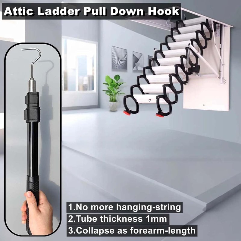 Extendable Attic Pull Down Ladder System - Stainless Steel Hook & Rod | Easy Access Solution for Stairs