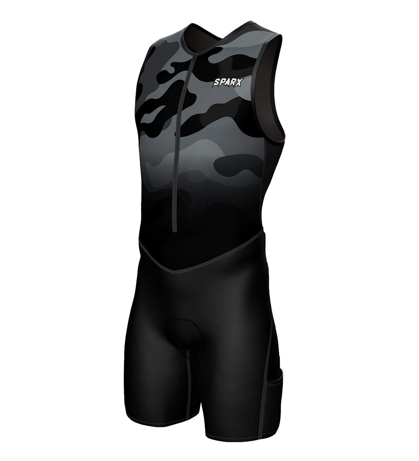 Sparx Men's Premium Triathlon Suit – Padded, Quick-Dry, Compression Fit, Lightweight Tri Suit for Swim, Bike, Run Race & Training (Black Camo, 2XL)