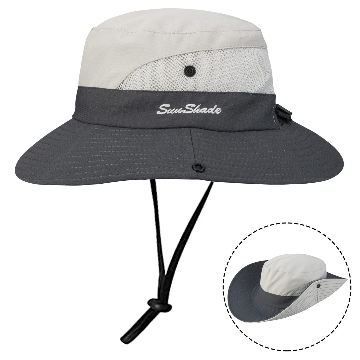 Women's Outdoor UV-Protection-Foldable Sun-Hats Mesh Wide-Brim Beach Fishing Hat with Ponytail-Hole Beige/Grey