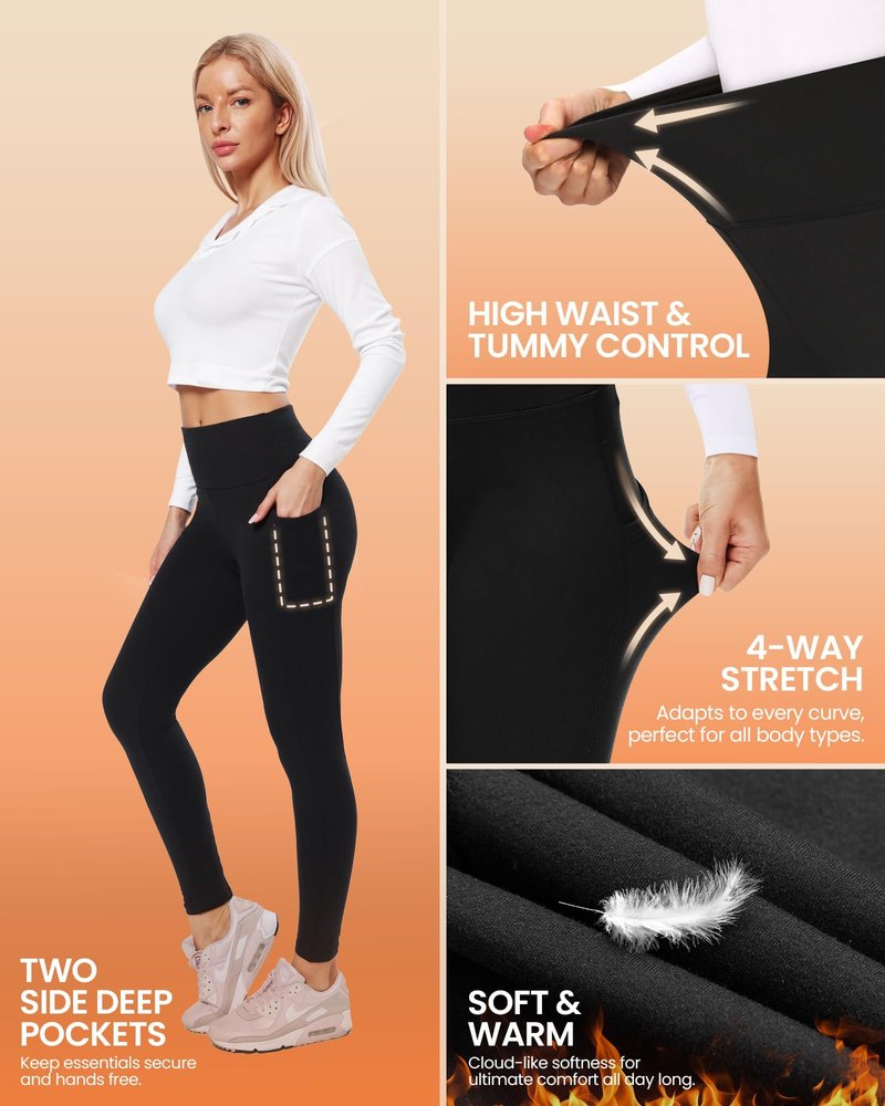 QGGQDD Womens Fleece Lined Leggings with Pocket - Soft Tummy Control High Waisted Winter Thermal Warm Yoga Pants for Workout Hiking Pkt-Black Large-X-Large