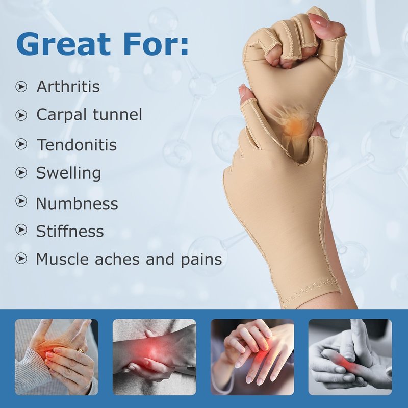 NURCOM Compression Arthritis Gloves Support for Women & Men, Relieve Pain & Swelling from Arthritis, Carpal Tunnel, Tendinitis, Tendonitis, Single Glove for Left & Right Hand, Open Finger Beige Large