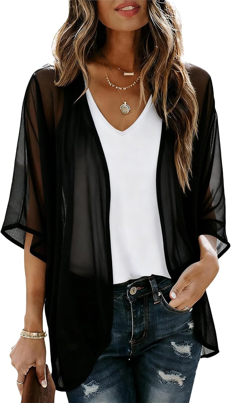 Puff Sleeve Kimono Cardigan for Women - Casual Beach Cover-Up | Loose Fit Blouse Top