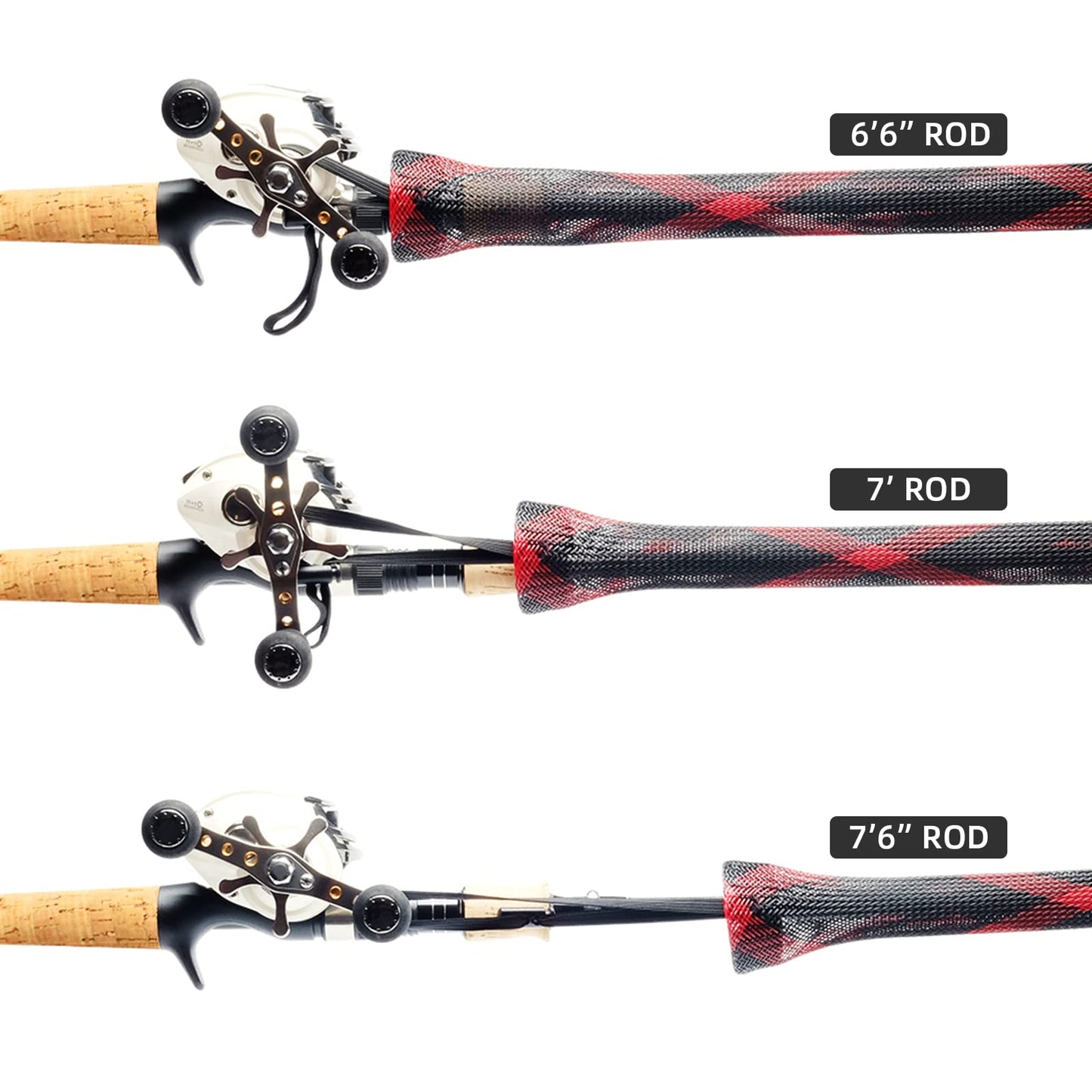 SF XXL Fishing Casting Rod Socks Braided Mesh Rod Sleeve Cover Protector Pole Gloves Black-Red-2PCS Fit Baitcast as Musky Rod or Fly Rod