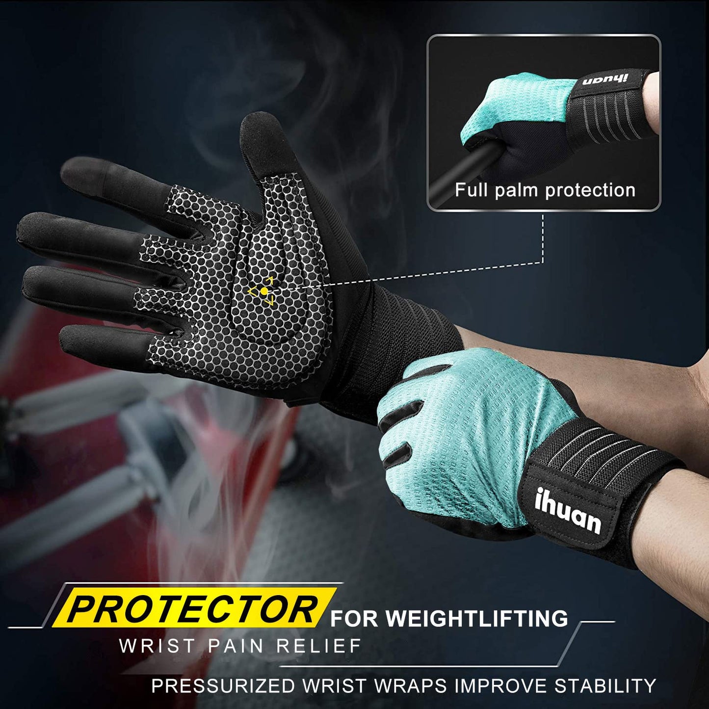 ihuan Workout Gloves for Men Full-Finger: Weight Lifting Gloves for Men, Gym Gloves with Wrist Straps, Lifting Gloves with Wrist Wrap Support, Full Hand Gloves for Weightlifting, Deadlift