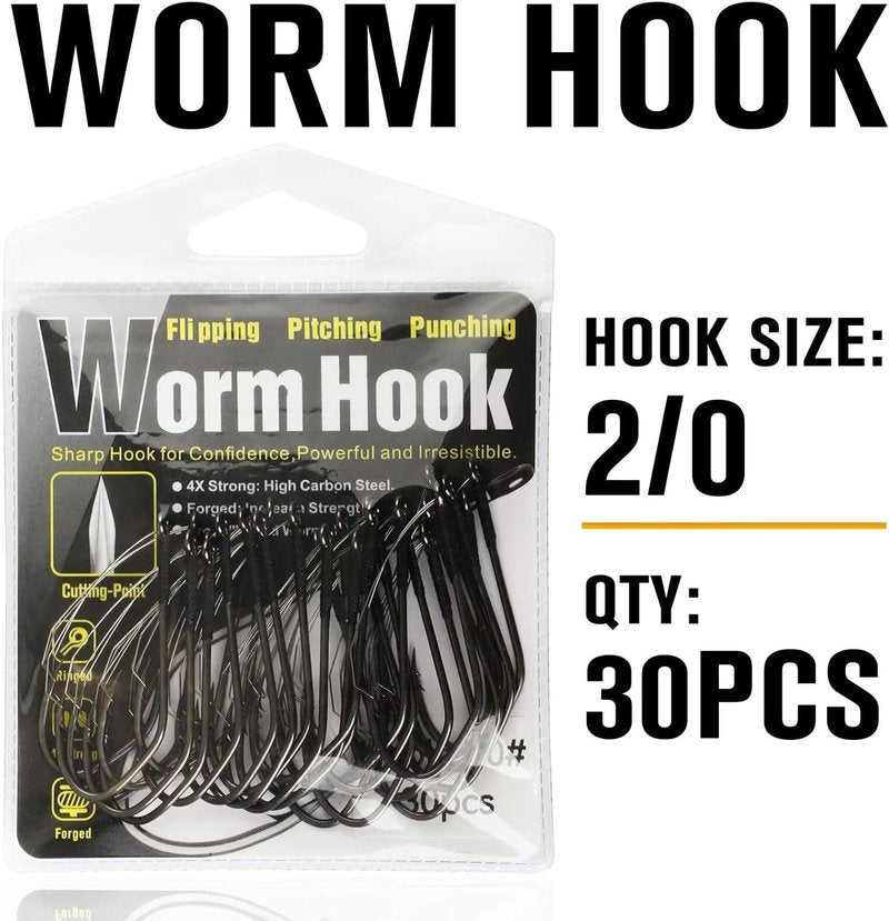 Weedless Worm Hooks for Wacky & Texas Rig Fishing - 30PCS Professional V Bass Hooks | Freshwater & Saltwater Sizes 1/0, 2/0, 3/0