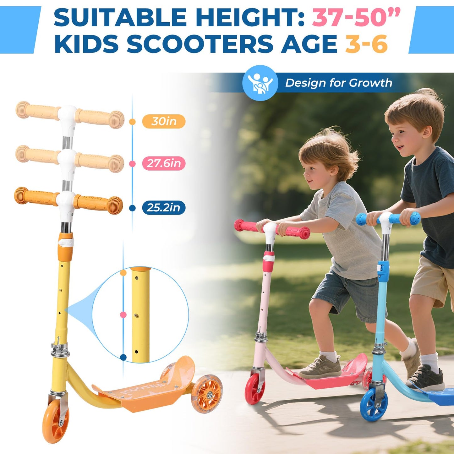 3 Wheel Scooter for Kids Ages 3-6, Adjustable Height Kick Scooter with LED Light-Up Wheels & Anti-Slip Deck - Durable Metal Construction, Outdoor Toy Gift (Child Safety Certified)