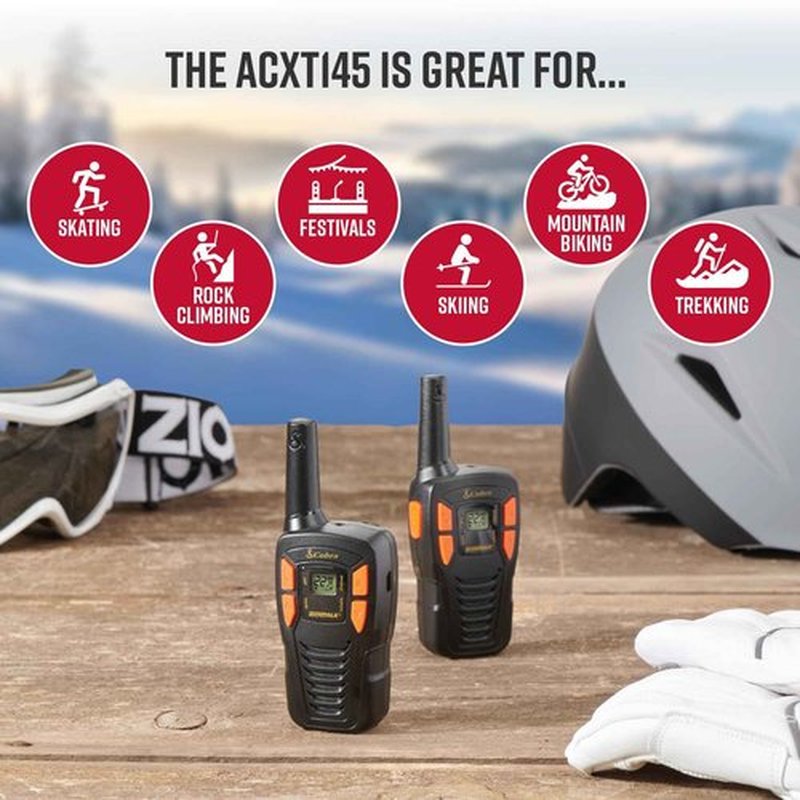 Cobra ACXT145 Compact and Lightweight Walkie Talkies for Adults & Compatible Cobra Surveillance Headset: Rechargeable, 22 Channels, Long-Range, 2 Two-Way Radios, 2 Headsets, Black/Orange