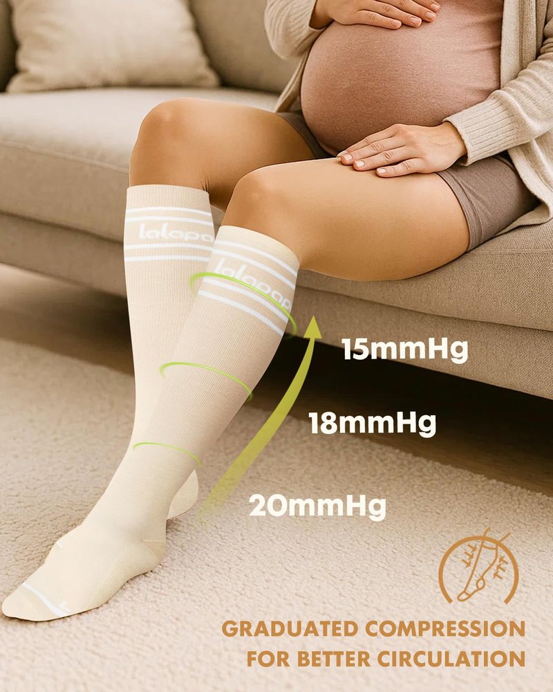 Lalapapa Cotton Compression Socks for Women - 15-20mmHg Cushioned Sole, Soft Breathable for Pregnancy Travel Nurse, Pink and Beige, S/M