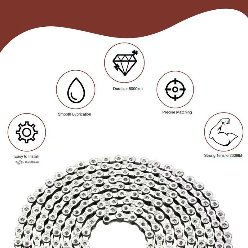E bieke Chain 136 Links 6/7/8Speed, 2336lbs High-Strength Carbon Steel Replacement E Bicycle Chains (Includes Quick-Release Link) Matte Dark Silver— TÜV Strength Tested
