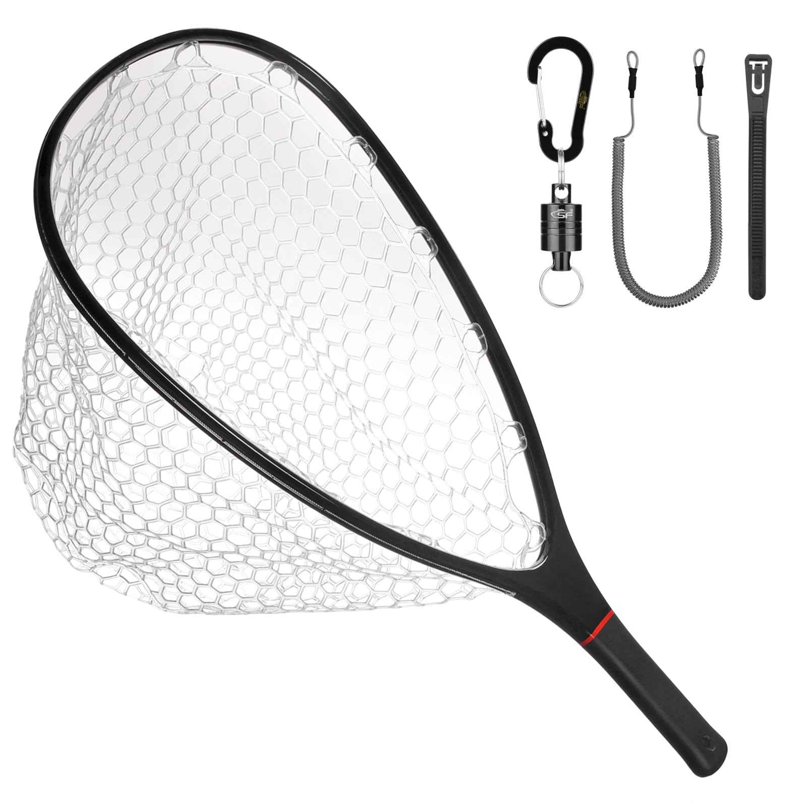 SF Fly Fishing Stealth Carbon Fiber Landing Net Soft Silicone Rubber Mesh Steelhead Catch and Release Net with Black Magnetic Net Release Combo Kit