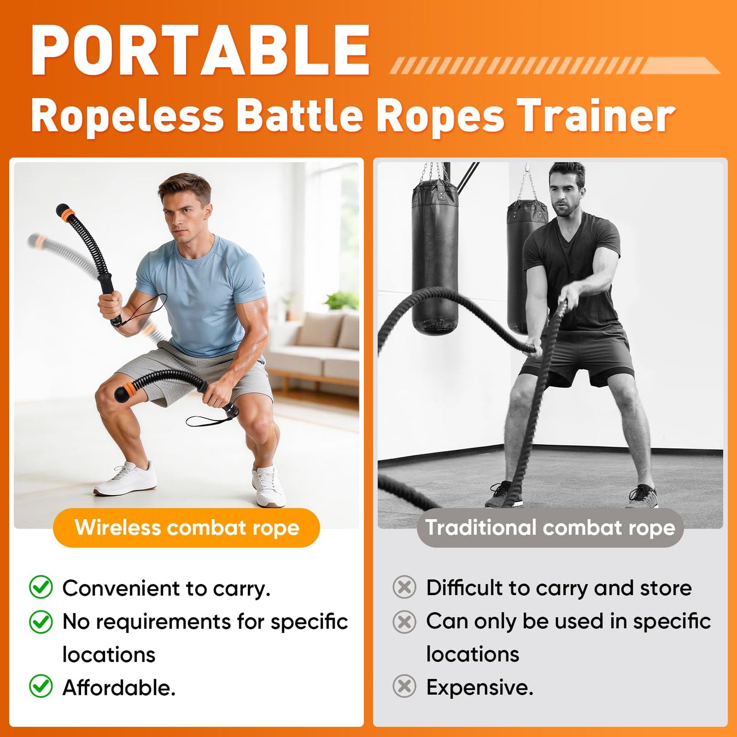 Adjustable counter weight Cordless Battle Ropes,Heavy Duty Portable Ropeless Battle Ropes for Home Gym,Workout Exercise Rope for Strength Building, HIIT and Low-Impact Aerobic Training for Men & Women