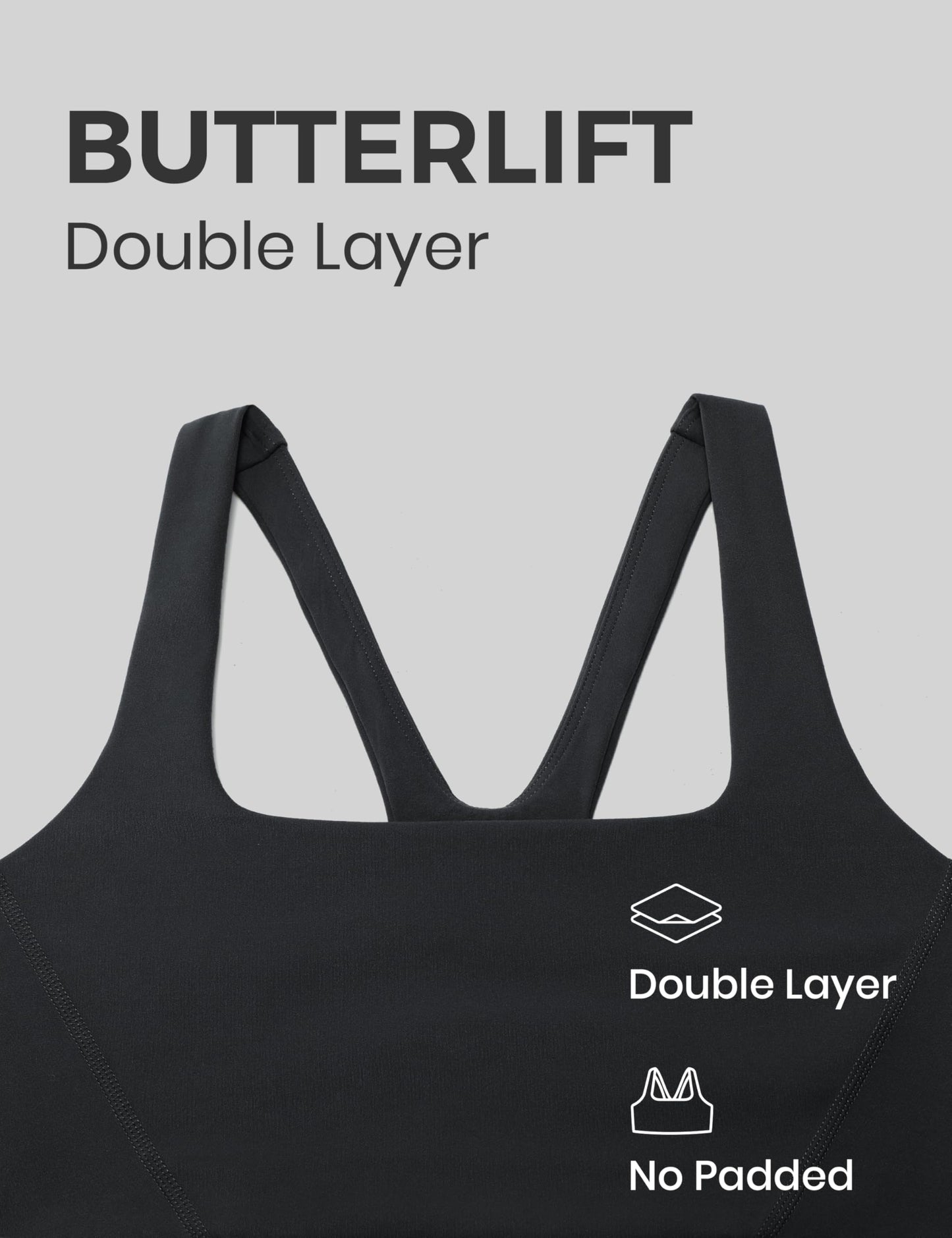 CRZ YOGA Butterlift Double Lined Square Neck Sports Bras for Women - Wireless V-Shaped Racerback Workout Yoga Top Non Padded Black Medium
