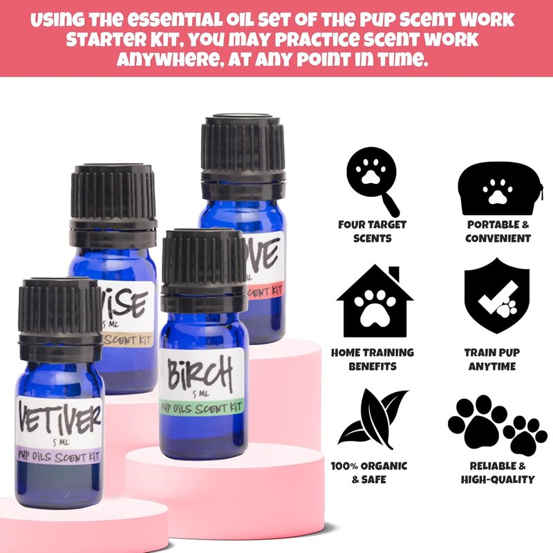 Pup Scent Work Starter Kit | Dog Scent Training with Essential Oils - Anise, Birch, Clove & Vetiver Flavors | Portable Aid Kit