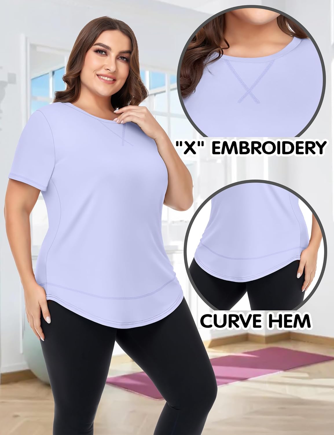 Plus Size Workout Tops for Women - Short Sleeve Loose Fit Athletic Gym & Yoga Shirts