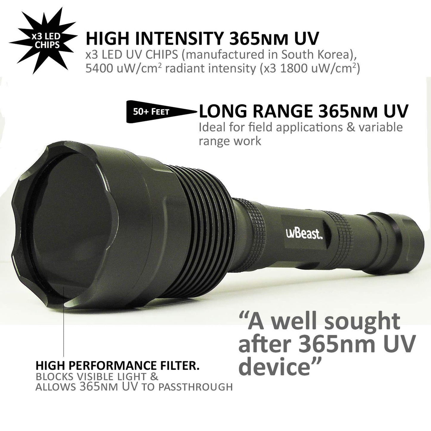 uvBeast V3 365nm Black Light UV Flashlight – High Definition Ultraviolet - HIgh Power and Long Range Professional Grade Beam Best for Professional/Commercial Use – USA Stock