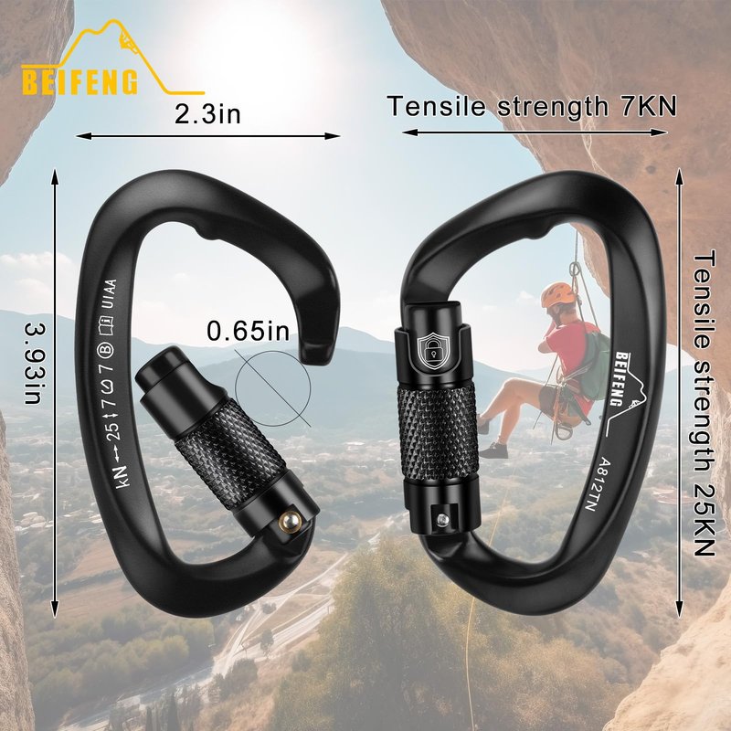 BEIFENG Auto Locking Climbing Carabiner, 25KN Black Twist Lock Heavy Duty Carabiner, UIAA Certified D-Type Large Suitable for Climbing, Rappelling, Rescue, Hammock, Swing etc