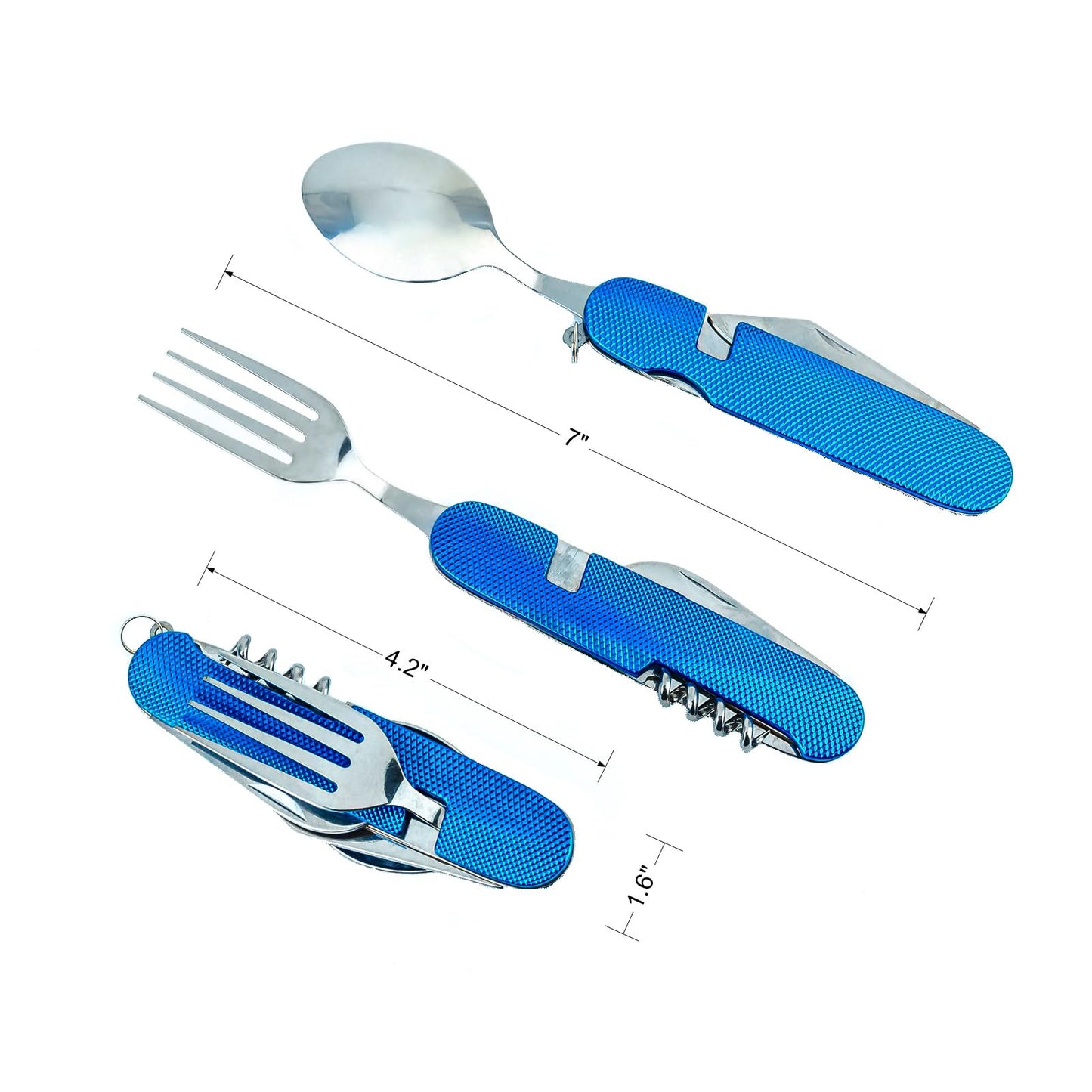 6-in-1 Multi-Function Camping Utensil Flatware Set Detachable Spoon Fork Knife Combo Mess Kit with Carrying Pouch (Blue + Red)