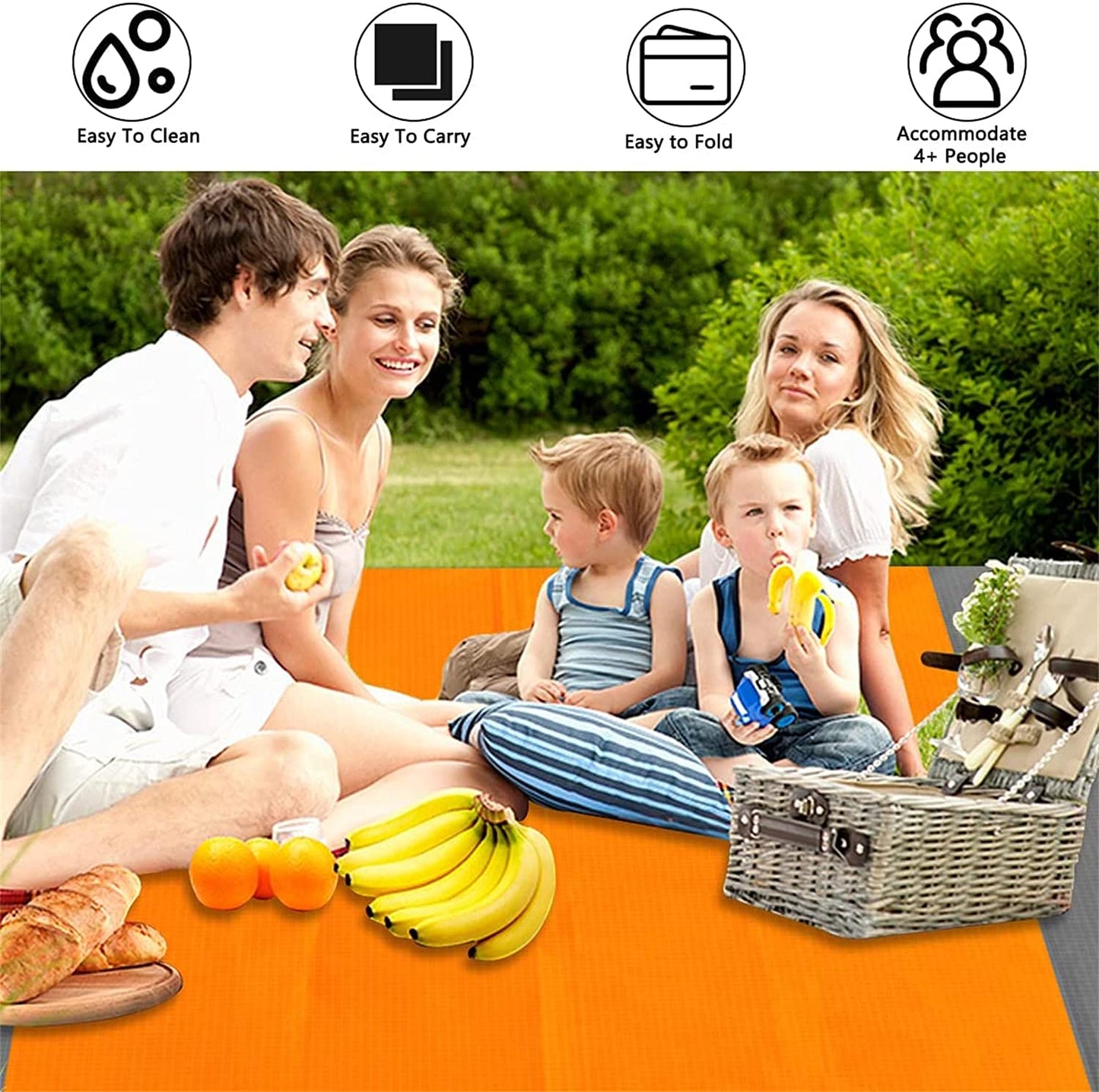 Beach Blanket, 79''×83'' Picnic Blankets for 4-7 Adults, Waterproof & Sandproof, Oversized Lightweight Beach Mat, Portable Picnic Mat, Waterproof Mat for Travel (Orange-Gray)