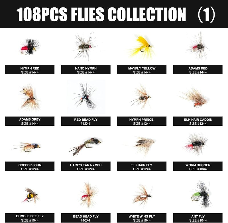 Fly Fishing Flies Assortment Kit - 64/108pcs for Trout & Bass | Waterproof Fly Box Included