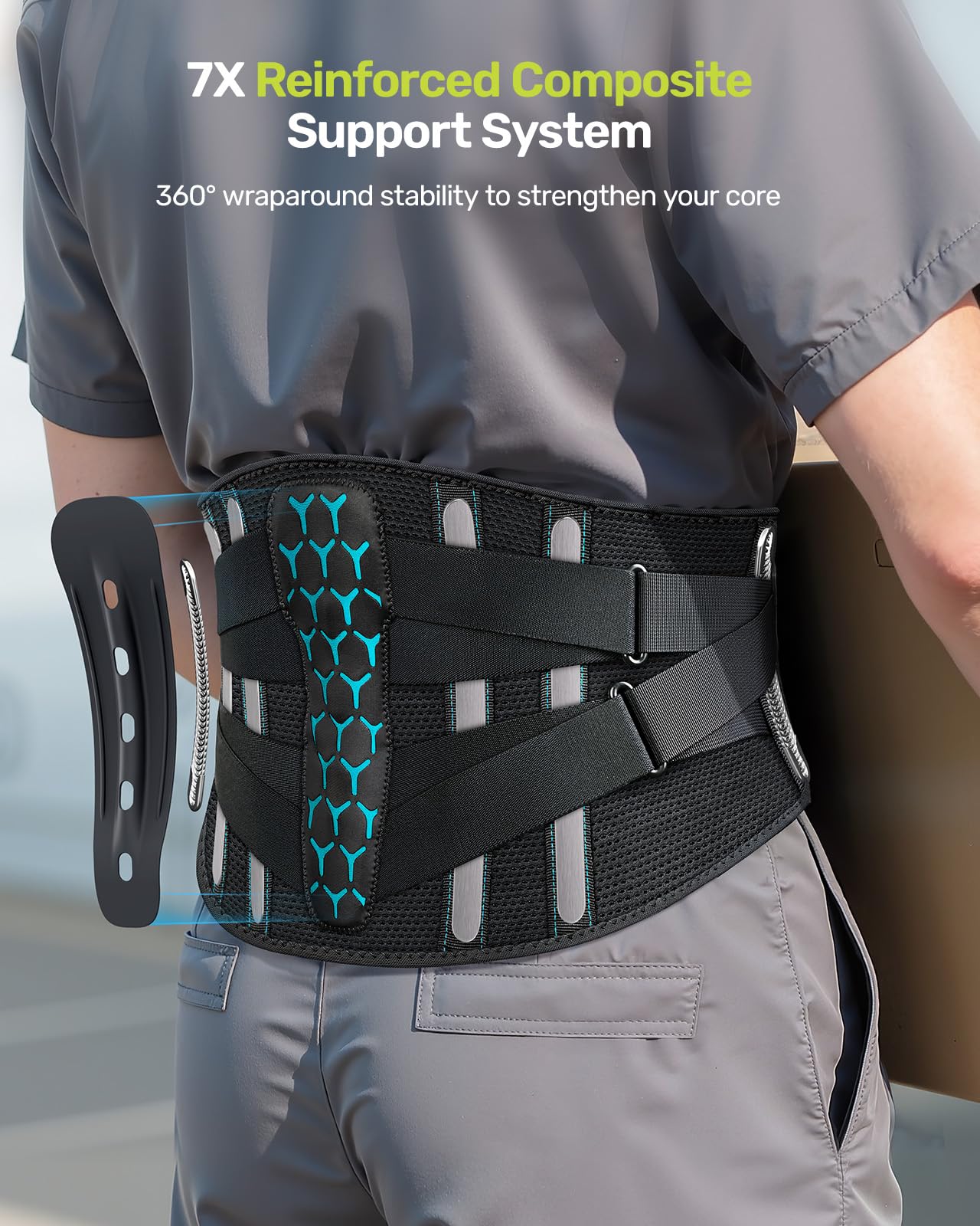 Rakiie Back Brace for Lower Back Pain, 7 Stays Ergonomic Support Brace with Comfortable 3D Pad, Easy to Put On/Off Lumbar Support Belt for Women Men, Pain Relief from Sciatica, Herniated Disc, Size M (Waist: 33.5"-39.4")