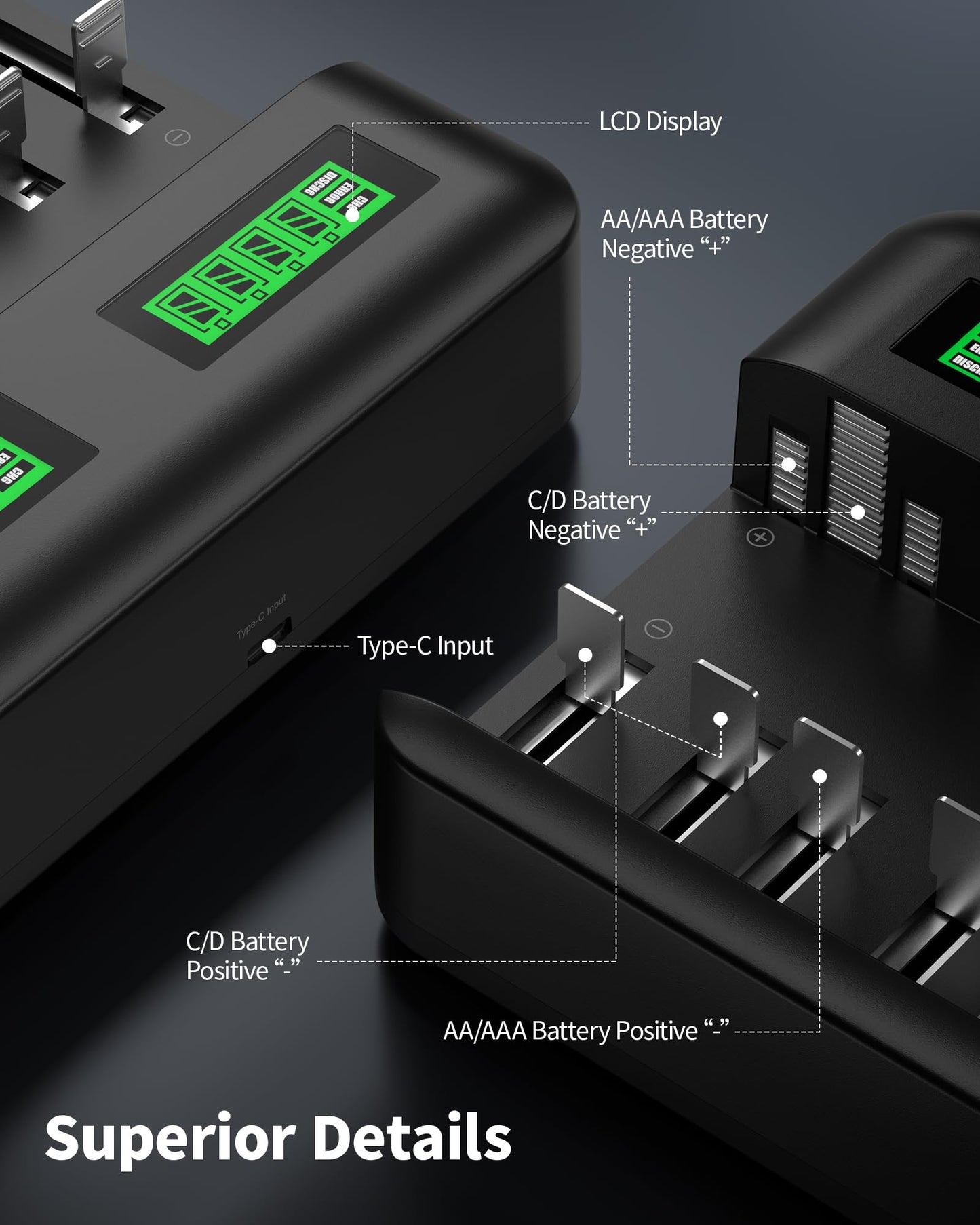 EBL LCD 8 Bay Battery Charger, AA AAA C D Rechargeable Battery Charger for Rechargeable Batteries Ni-MH AA AAA C D Batteries with Type C Input
