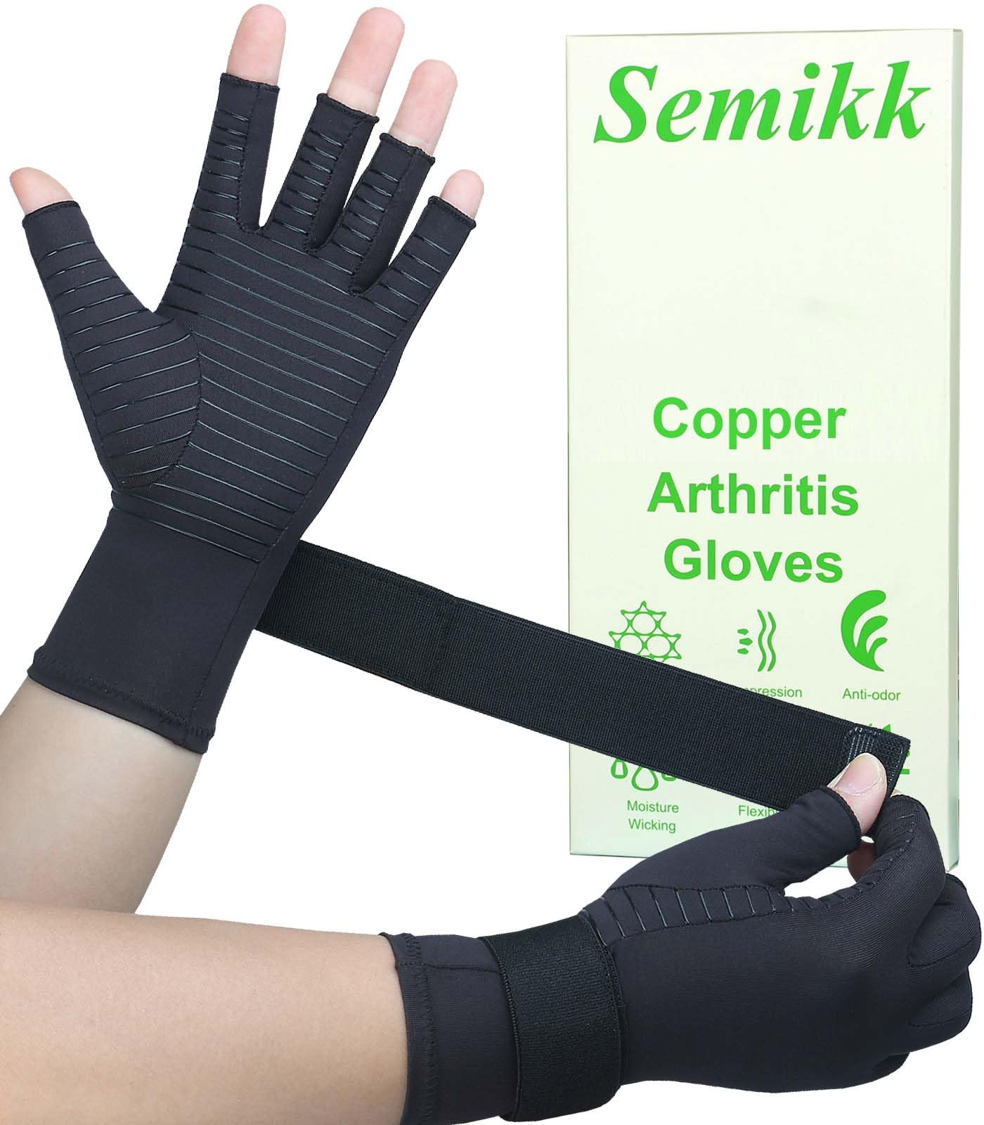 Semikk Copper Arthritis Gloves for Women Men, Fingerless Compression Gloves for Arthritis, Carpal Tunnel, Pain Relief, Swelling, Rheumatoid, Typing, Adjustable Wrist Strap (1pair, Small/Medium)