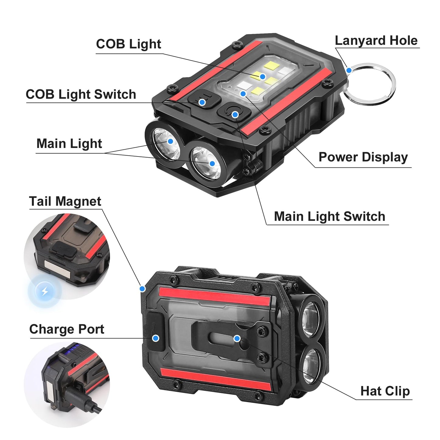 SUNPRO Mini Keychain Flashlight with Clip, 8 Modes Pocket Flash Light, Red Blue COB Side Light, Type-C Rechargeable for Hiking, Camping, Emergency (2, Balck+Black)