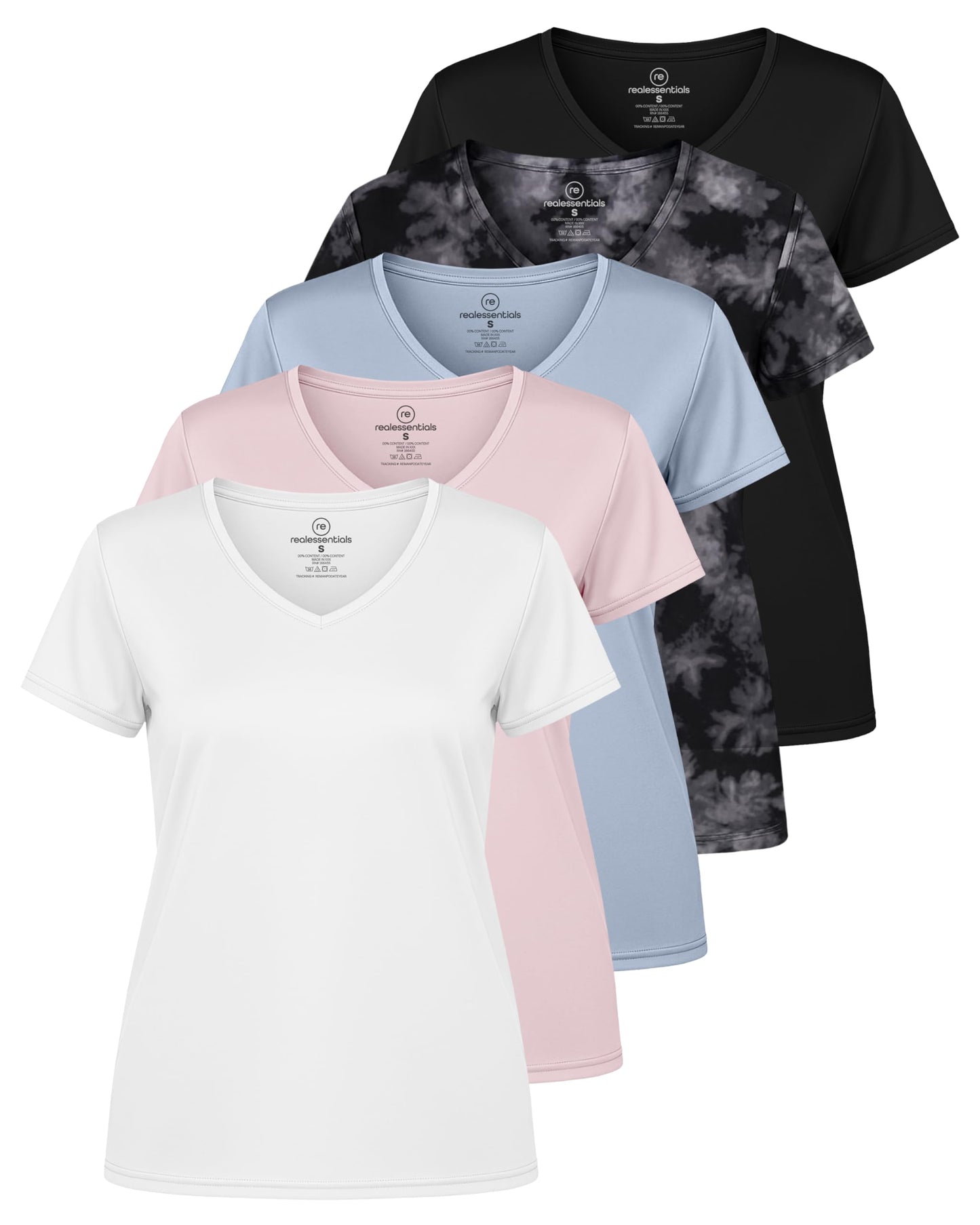 Real Essentials 5 Pack: Women's Dry-Fit Short Sleeve V Neck T Shirt Workout Fitness Yoga Top Tee, Set 16, XL