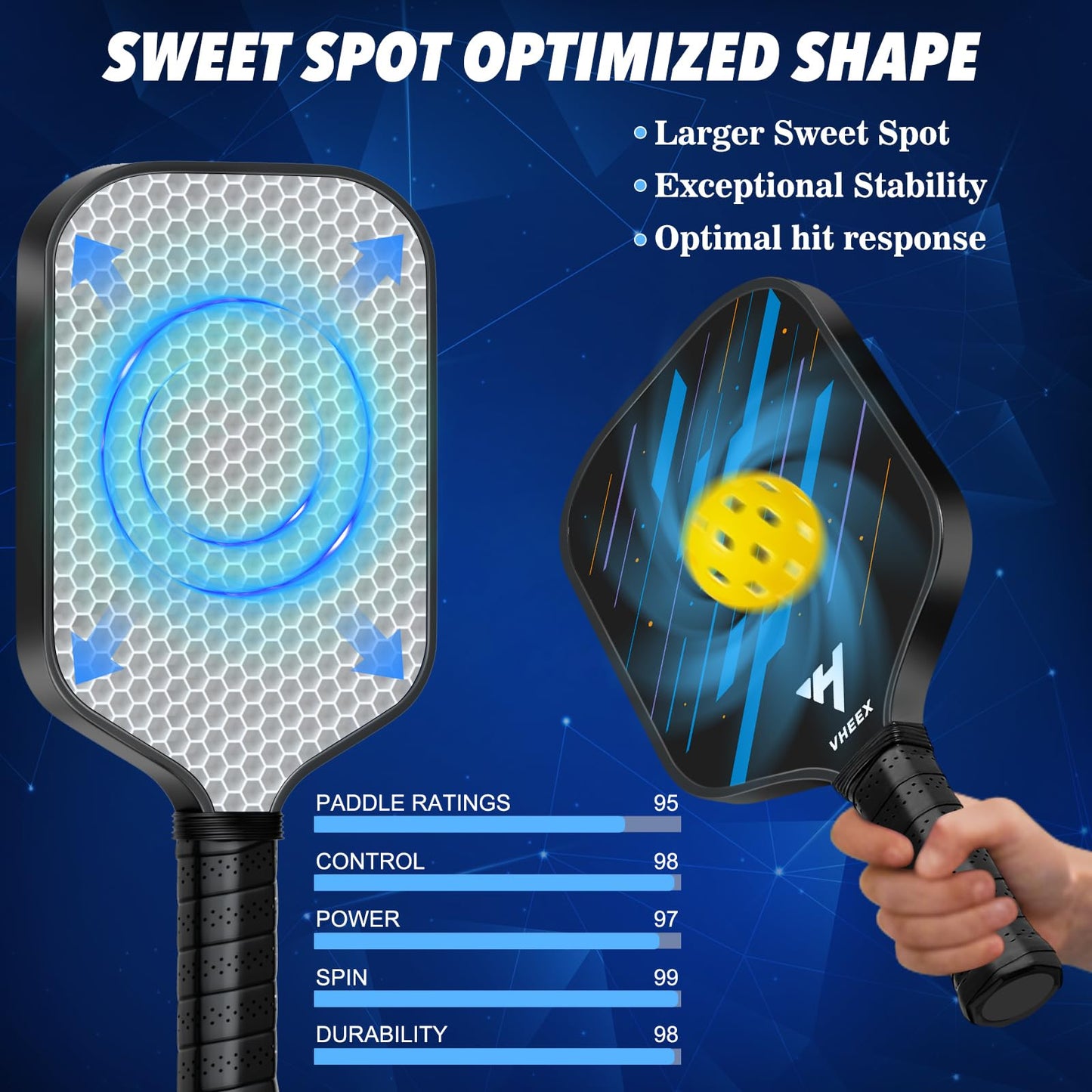 VHEEX Pickleball Paddles Set of 4, Carbon Fiber Pickle Ball Paddle Set, Lightweight Indoor Outdoor Play Rackets Equipment 4 Pack with 4 Balls & Bag Family Beginner Gift Men Women Kids Adult