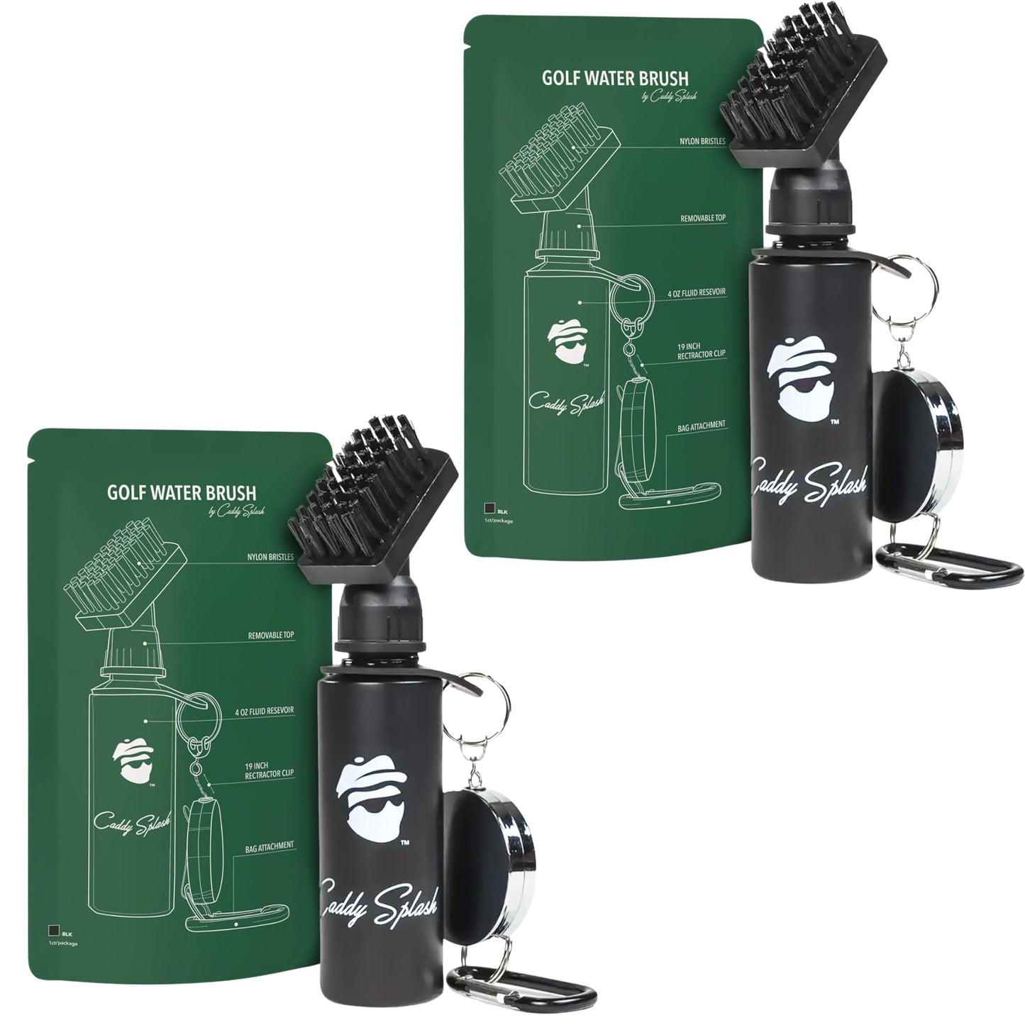 Caddy Splash Premium Golf Club Cleaner with Water - Heavy Duty Retractable Clip- Squeeze Bottle for Easy Cleaning with Nylon Bristles- Holds 4 Oz Water - Golf Accessories- USA Company (2, Black)