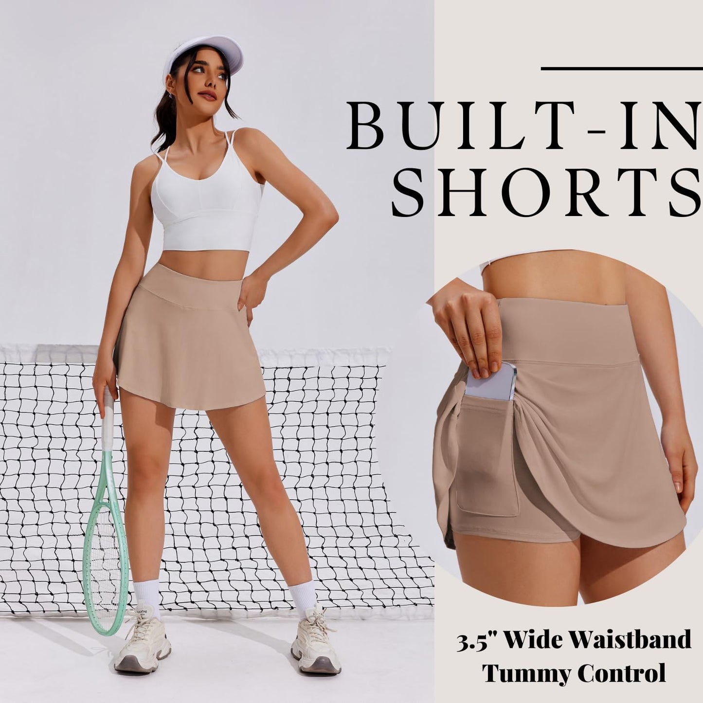 PINSPARK Tennis Skirts for Women Pleated Athletic Skort Mini Skirts with Shorts for Running Workout,Light Coffee Large