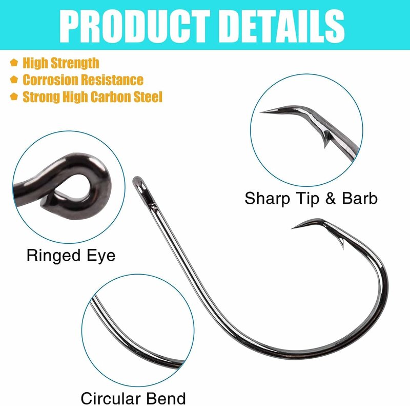 Circle Fishing Hook Kit - 100 High Carbon Steel Hooks for Octopus Fishing | Sizes 1/0-5/0
