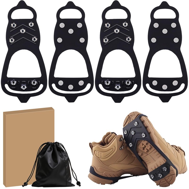 2 Pairs Ice Cleats for Shoes and Boots, Universal Non Slip Hiking Spikes, Micro Shoe Spikes for Snow and Ice, Durable Snow Crampons for Winter Hiking Climbing Ice Fishing, 8 Steel Studs Gripper Spike