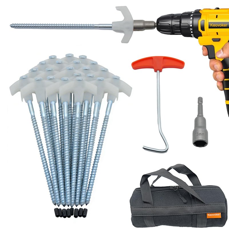 Keovoker 12 Pack Screw in Tent Stakes Heavy Duty-8” Metal Pegs for Ground, Drill in Camping Stake with Hex Head Driver, Spikes Puller, Protector/Stopper in Storage Bag, for Hiking, Glow in Dark