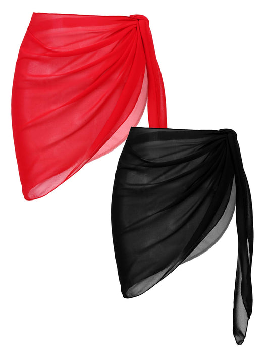 Ekouaer 2 Pcs Sarong Coverups for Women Beach Wrap Skirt Chiffon Swimsuit Coverup for Swimwear Black-Red,Medium