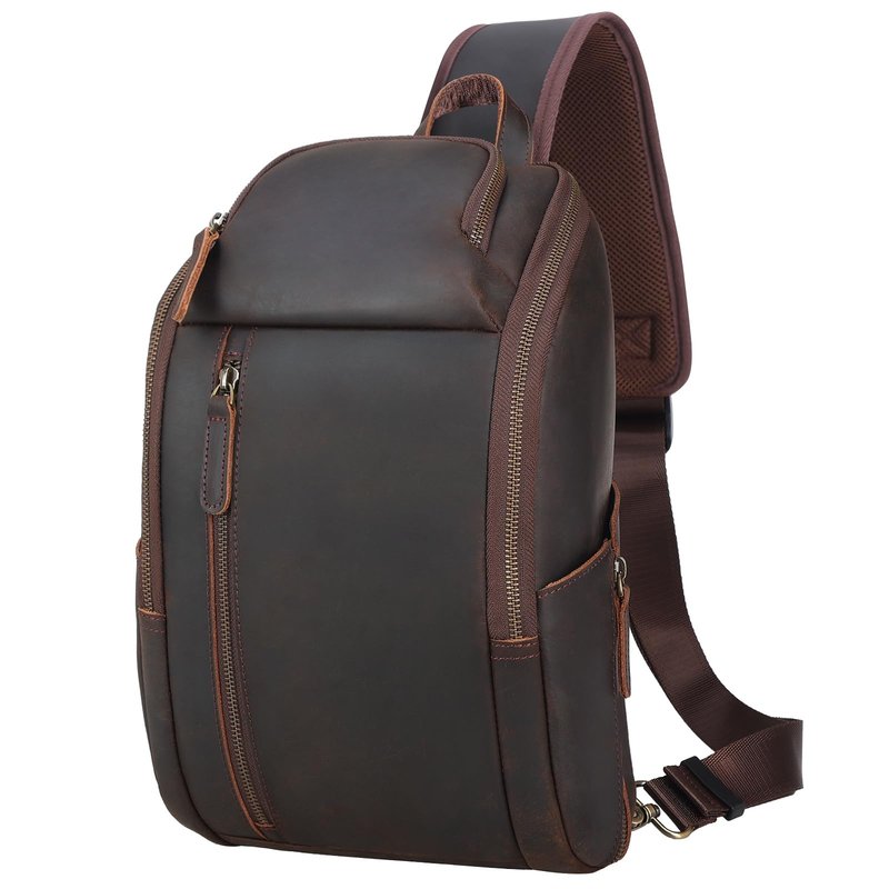TIDING Genuine Leather Sling Bag Chest Pack for Men Casual Travel Shoulder Bag Sling Backpack fits 9.7" Tablet