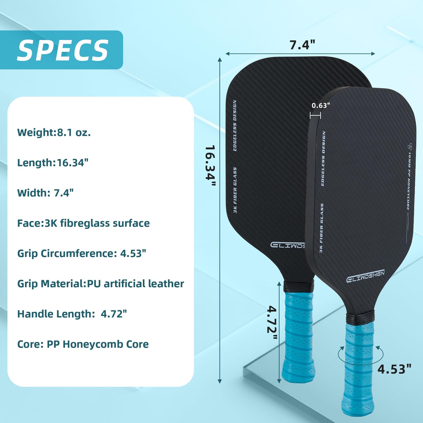 Eliwshen Pickleball Pddles Set of 2, Made to USAPA Standards 3k Fibreglass Textured Surface, Aesthetic Rimless Design, 16 mm Polypropylene Honeycomb Core, Racket Set for Women, Men, Children, Adults