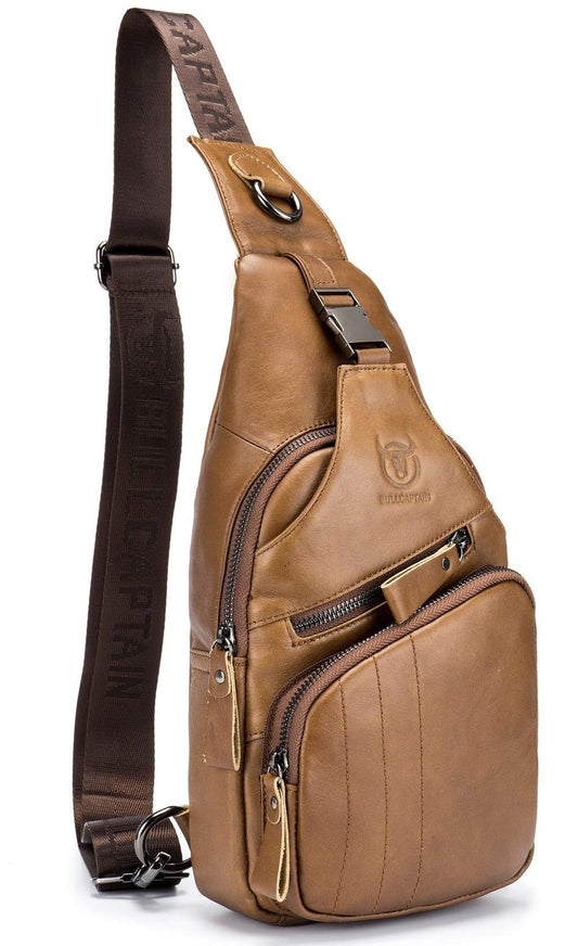 BULLCAPTAIN Leather Men Sling Bag Casual Crossbody Chest Bags Travel Daypack (Yellow brown)