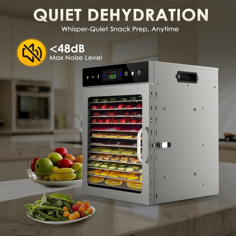 Food Dehydrator Machine - 12 Stainless Steel Trays, Digital Timer & Adjustable Temp Control for Jerky, Fruits | BPA-Free, Overheat Protection, Recipe Book Included