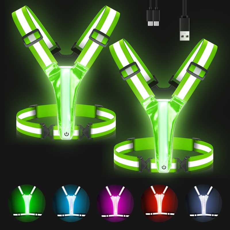 Zacro LED Reflective Vest Running Gear, 5 Lights Colors High Visibility Rechargeable Light Up Running Vest for Runners Night Walking Cycling, Adjustable for Men Women Kids (2 Pack)