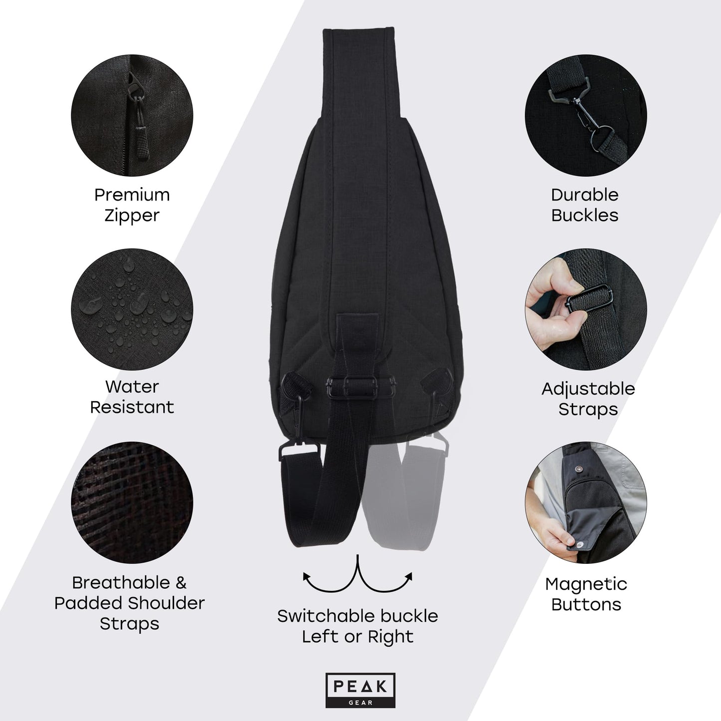 Peak Gear Travel Sling Bag. Compact Crossbody Bag | Lighter and Smaller than a Backpack | Lifetime Lost & Found ID Tag | Black