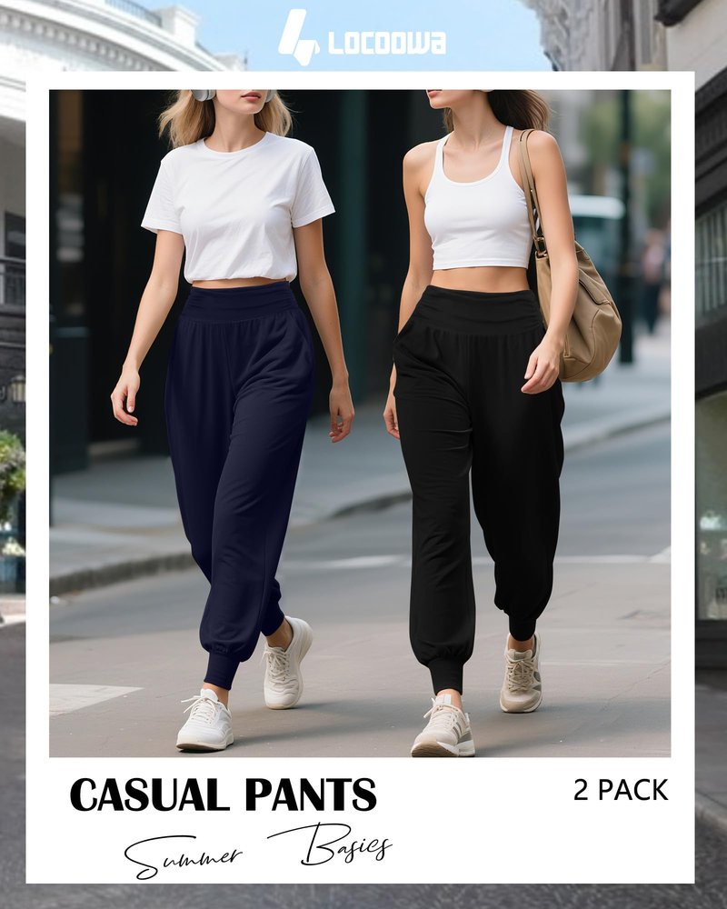 Locoowai 2 Pack Women's Yoga Joggers, Cozy Sweatpants with Pockets Casual Loose Comfy High Waisted Lounge Pants(Black, Navy Blue,Medium)